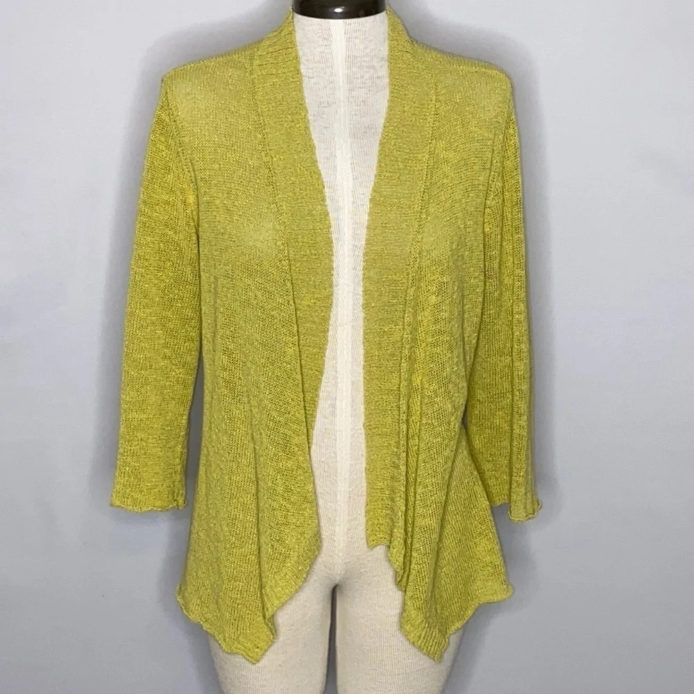 Eileen Fisher Linen Blend 3/4 Sleeve Open Knit Cardigan in Chartreuse - Small